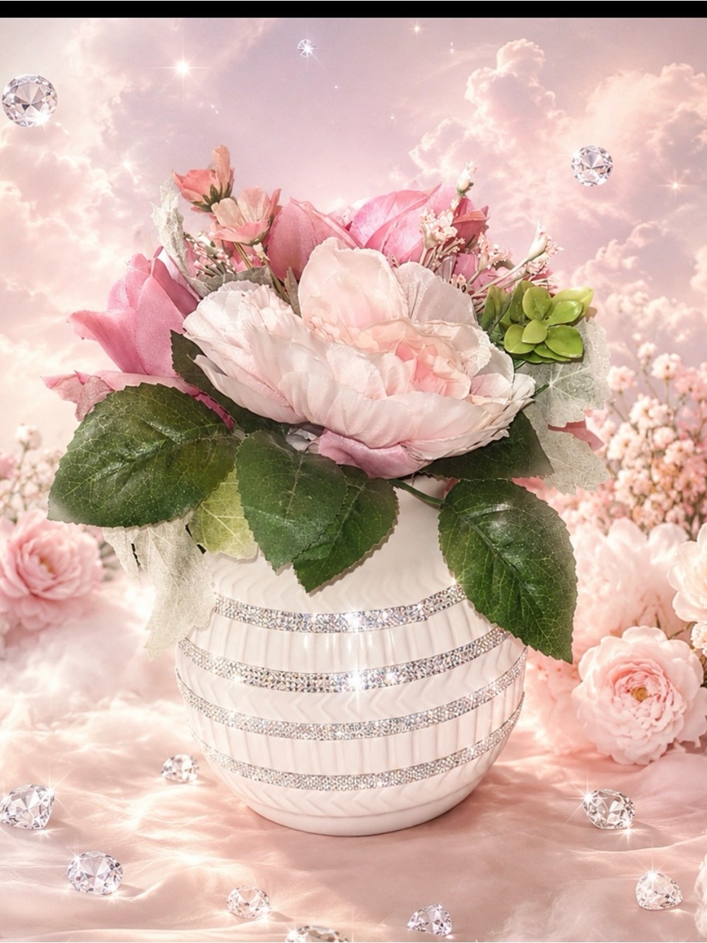 Elegant Pink Floral Arrangement in White Jeweled Vase